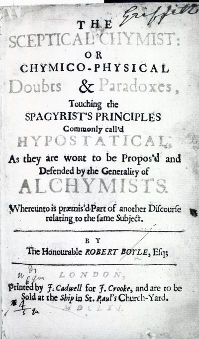 Titulní strana knihy The Sceptical Chymist od Roberta Boyla, 1661 (tisk) od English School