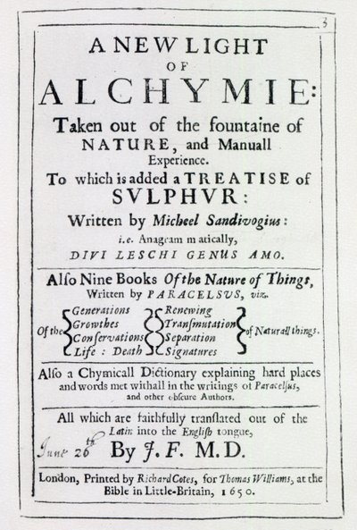 Titulní list anglického vydání knihy A New Light on Alchemy od Michala Sedziwoje, 1650 (tisk) od English School