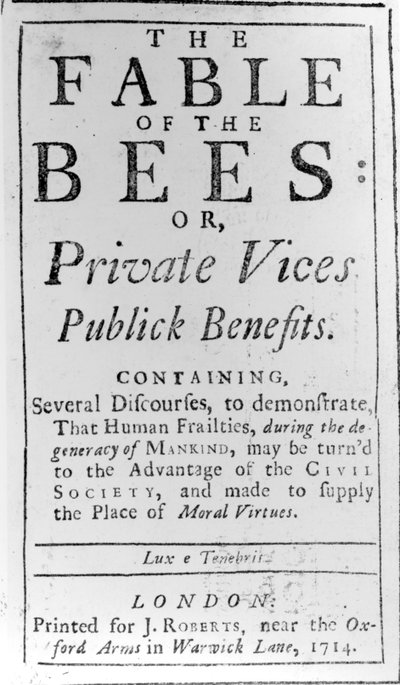 Titulní strana k Pohádce o včelách od Bernarda de Mandeville, 1714 od English School