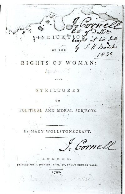Titulní strana Ospravedlnění práv ženy od Mary Wollstonecraft, vydané v roce 1792 od English School