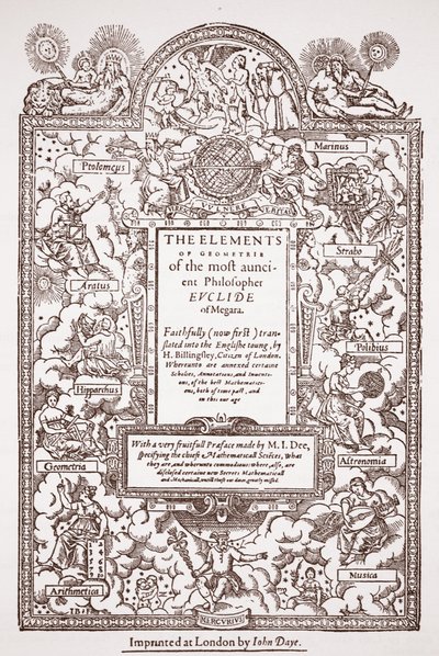 Titulní strana raného překladu Euklidových prvků, tisk John Day, Londýn, 1570-71 od English School