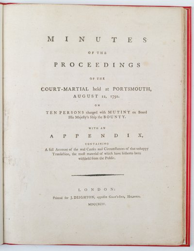 Titulní strana protokolu z jednání vojenského soudu v Portsmouthu 12. srpna 1792, vydaného v Londýně roku 1794 (tisk) od English School