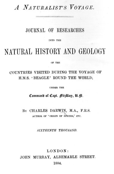 Titulní strana k cestě přírodovědců kolem světa od Charlese Darwina, vydání vydané v roce 1884 (tištěný papír) od English School
