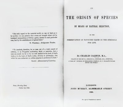 Titulní strana knihy O původu druhů od Charlese Darwina, publikovaná v roce 1859 od English School