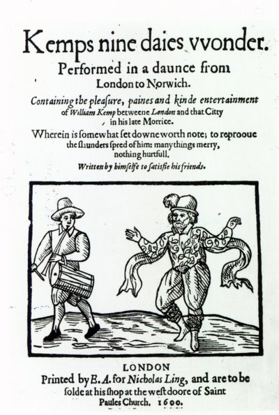 Titulní strana knihy William Kemps Nine Days Wonder, vydané v roce 1600 od English School