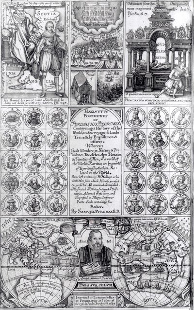 Titulní strana k prvnímu vydání Hakluytus Posthumus or Purchas His Pilgrimes, vydaného roku 1625 od English School