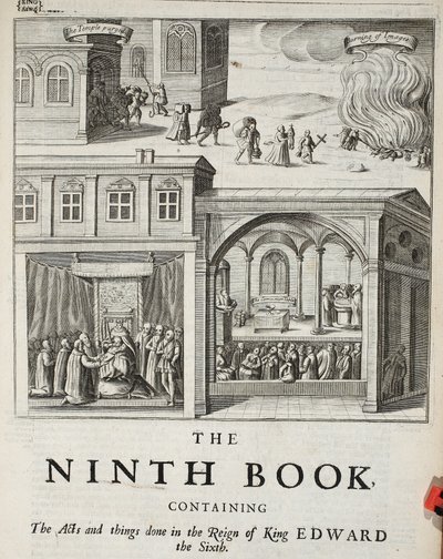 Titulní strana k deváté knize, ilustrace z Acts and Monuments od Johna Foxe, deváté vydání, pub. 1684 od English School