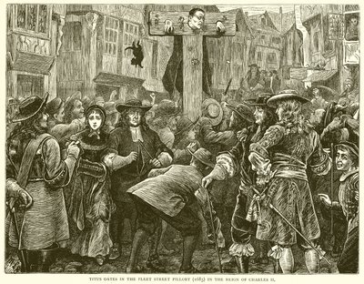 Titus Oates v pranýři Fleet Street (1685) za vlády Karla II od English School