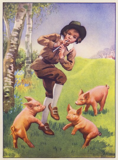 Tom, Tom, dudákův syn a tři prasátka (barevná litografie) od English School