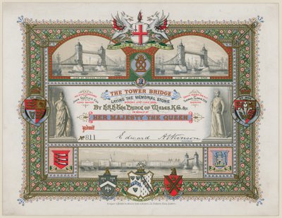 Tower Bridge, Londýn, pozvánka na položení pamětního kamene, 21. června 1886 od English School