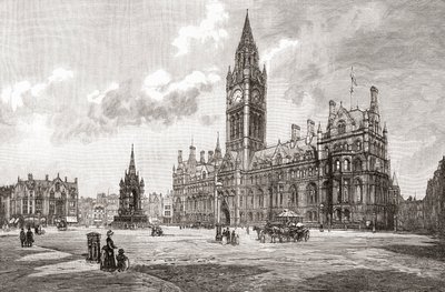 Radnice, Albert Square, Manchester, z knihy "Cities of the World", vydané kolem roku 1893 (tisk) od English School