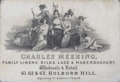 Reklama vizitek Charles Meeking, obchodník s lnem, hedvábím, krajkami a galanterií, Holborn Hill, Londýn (rytina) od English School