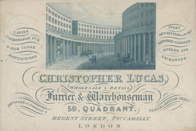 Reklama vizitek Christopher Lucas, velkoobchod a maloobchod kožešník a skladník, 59, Quadrant, Regent Street, Piccadilly, Londýn (rytina) od English School