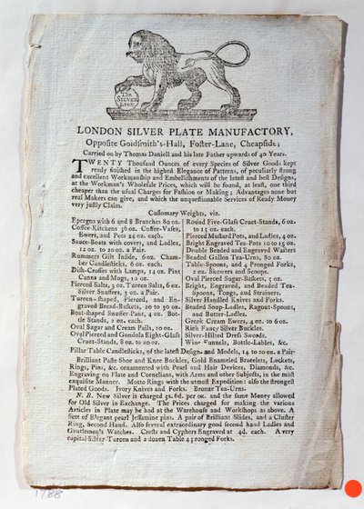 Obchodní karta pro London Silver Plate Manufactory, 1788 od English School