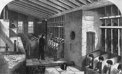 Tread-Wheel and Oakum-Shed at the City Prison, Holloway, z knihy "The Criminal Prisons of London and Scenes of Prison Life" od Henryho Mayhewa a Johna Binnyho, 1862 (rytina) od English School