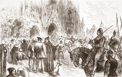 Proces s Jeromem: čekání na rozsudek, ilustrace z Dějin protestantismu od Jamese Aitkena Wylie (1808-1890), hospoda. 1878 od English School