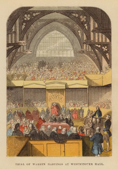 Soud s Warrenem Hastingsem ve Westminster Hall (kolorovaná rytina) od English School