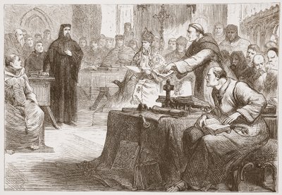 Proces s Wicliffem, ilustrace z Historie protestantismu od Jamese Aitkena Wylie (1808-1890), pub. 1878 od English School