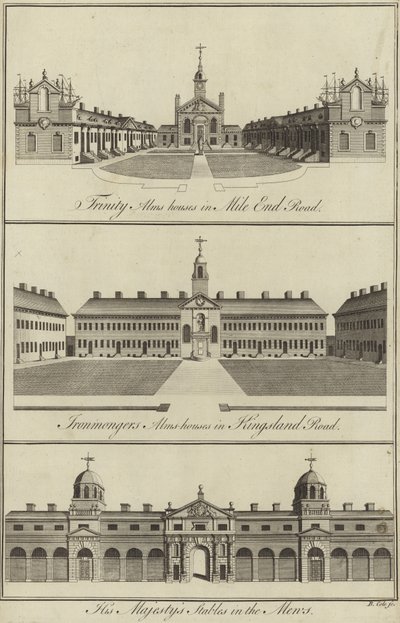 Trinity Almshouses v Mile End Road, Ironmongers Almshouses v Kingsland Road a stáje Jeho Veličenstva v Mews, Londýn od English School