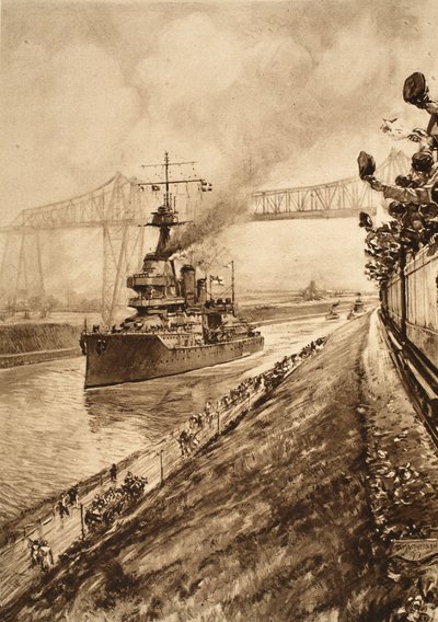 Triumfální důkaz britské námořní převahy: H.M.S. Hercules proplouvá Kielským průplavem, 1914-19 od English School