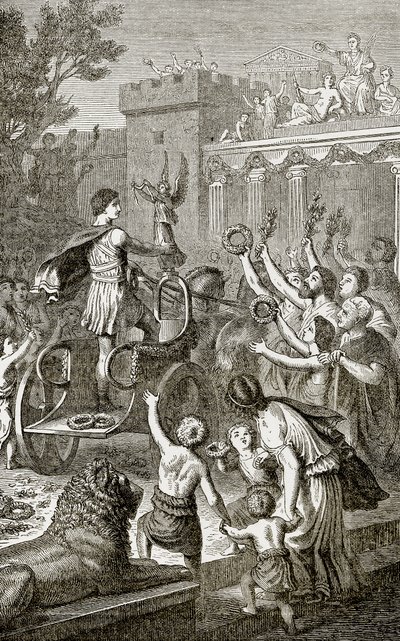 Triumfální návrat olympijského vítěze, ilustrace z Ilustrované historie světa vydané nakladatelstvím Ward Lock, kolem roku 1880 od English School