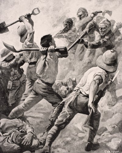 Turečtí a britští vojáci ve vzájemném boji na poloostrově Gallipoli Turecko 1915, z ‚The War Illustrated Album deLuxe‘, vydané v Londýně, 1916 od English School