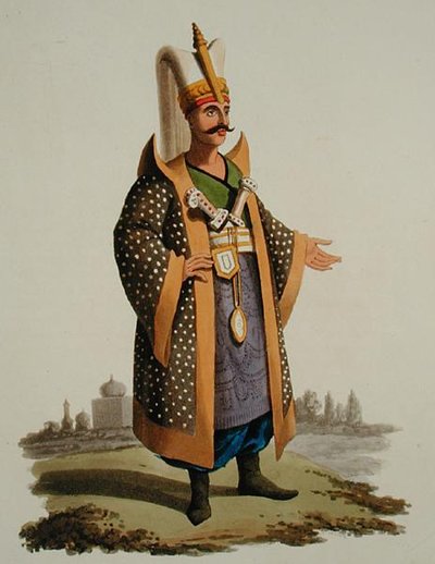 Turecký válečník, z „Kostýmy různých národů“, svazek VII, „Vojenský kostým Turecka“, od Thomase MacLeana, vydáno kolem roku 1800-18 (ručně kolorovaná akvatinta) od English School