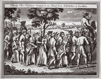 Dvacet dva vězňů přivezeno v jedné kapele z Colchesteru do Londýna, ilustrace z Foxes Martyrs kolem roku 1703 od English School