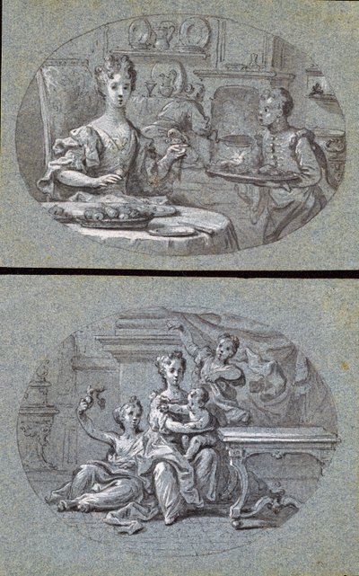 Two Domestic Scenes, c.1725 (černobílá křída na modrém papíře) od English School