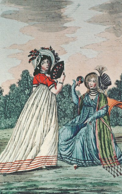 Dvě módní dámy v zahradě, cca 1800 (barevná rytina) od English School