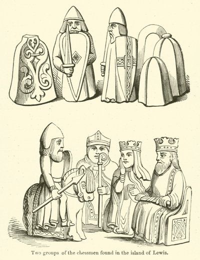 Dvě skupiny figurínů nalezených na ostrově Lewis (rytina) od English School