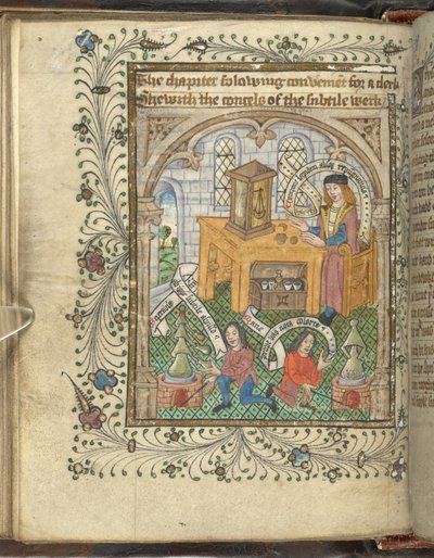 Dva muži, kteří pečují o pece, a učenec v rouchu, možná Norton, s alembiky, z „Ordinálu alchymie“ od Thomase Nortona (vellum) od English School