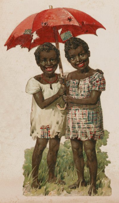 Dvě ubohé černé děti ukrývající se pod potrhaným deštníkem (barva litho) od English School