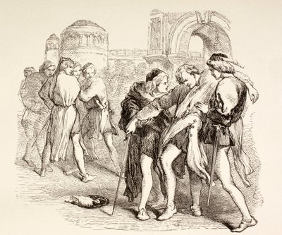 Tybalt je smrtelně zraněn Romeem, ilustrace z Romea a Julie, z „The Illustrated Library Shakespeare“, vydané v Londýně 1890 od English School