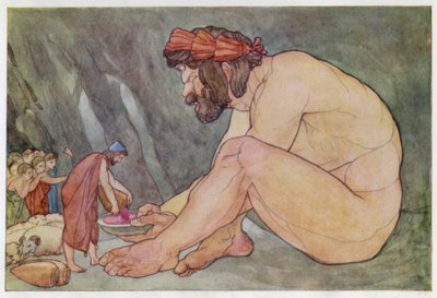 Odysseus dává víno Kyklopům (barva litho) od English School