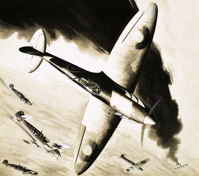 Neidentifikovaný Spitfire v souboji s německými stíhači od English School