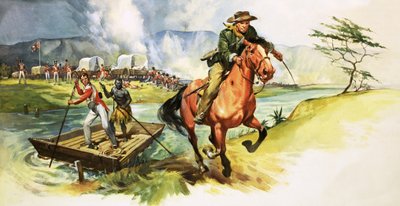 Neznámý kovboj ujíždí od řeky s anglickými vojáky, kteří jsou napadeni na dalším břehu. od English School