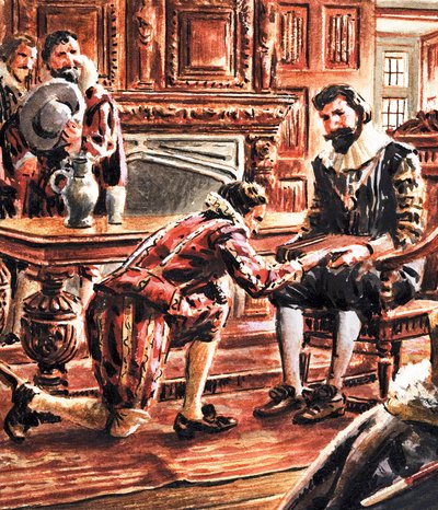 Neznámý muž klečící, předává balíček králi od English School