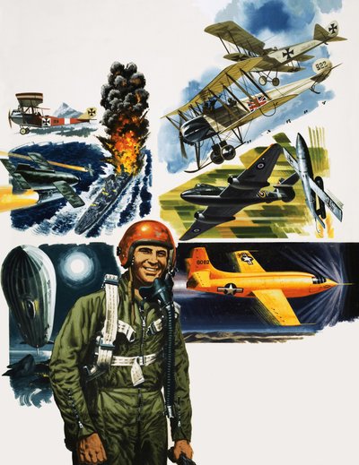Neidentifikovaný pilot na pozadí montáže letadel od English School