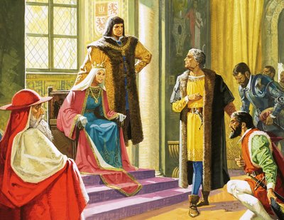Neznámá scéna s mužem klečícím před královnou a jejími dvořany od English School