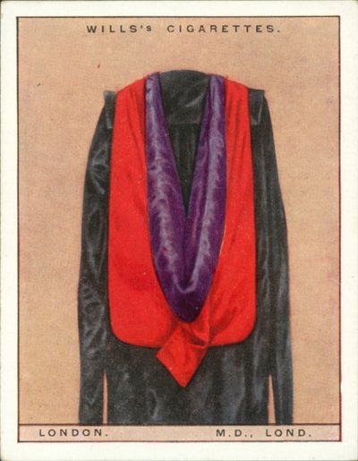 Univerzitní kapuce a taláry: (barevná litografie): London University, Doctor of Medicine, MD, Lond (barevná litografie) od English School