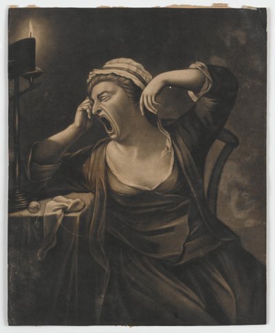 Bez názvu (žena zívá), kolem 1780 (mezzotinta) od English School