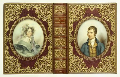 Horní a spodní obálky a hřbet s oválnými portréty Roberta Burnse a Jessie Lewarsové od English School