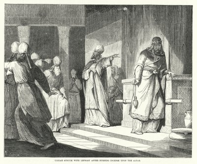 Uzziah udeřil malomocenstvím poté, co zapálil kadidlo na oltáři (rytina) od English School