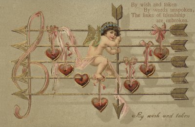 Valentines card, zahrnující Cupid, šíp a hudební skóre od English School