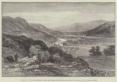 Údolí Dee, Braemar, s Mar Lodge, sídlo vévody a vévodkyně z Fife na Vysočině (rytina) od English School