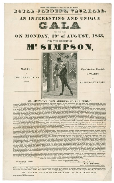 Vauxhall Gardens, Benefit pro pana Simpsona, 19. srpna 1833 od English School