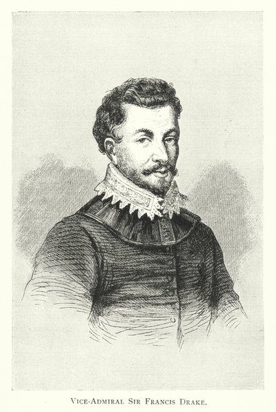 Viceadmirál Sir Francis Drake (rytina) od English School