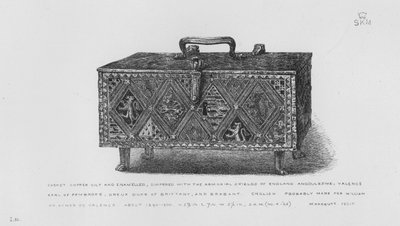 Muzeum Viktorie a Alberta: Rakev, měděná zlacená a smaltovaná, plenková s Armorial Shields z Anglie, Angoulesme, Valence, hraběte z Pembroke, Dreux vévody z Bretaně a Brabantu, anglicky, pravděpodobně vyrobená pro Williama nebo Aymera de Valence, asi 1290- od English School