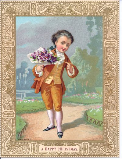 Viktoriánské vánoční přání mladého chlapce oblečeného ve viktoriánském oblečení držícího kytici květin, kolem roku 1880 (barva litho) od English School